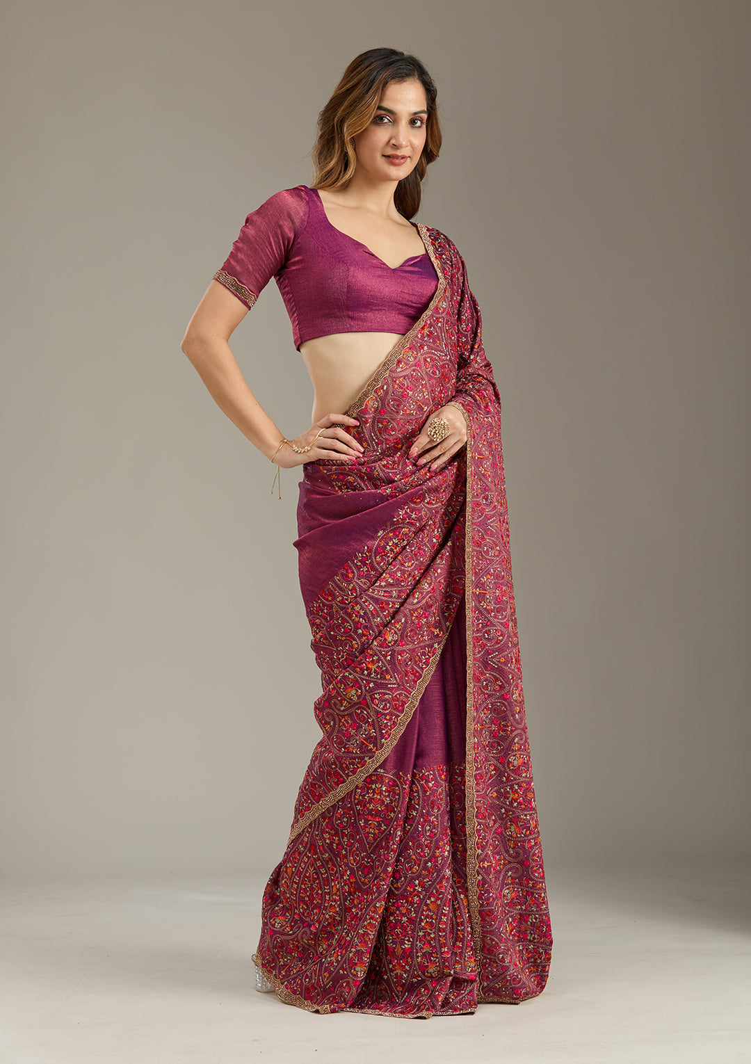 Wine Tissue Kashmiri Saree With Matching Blouse Piece