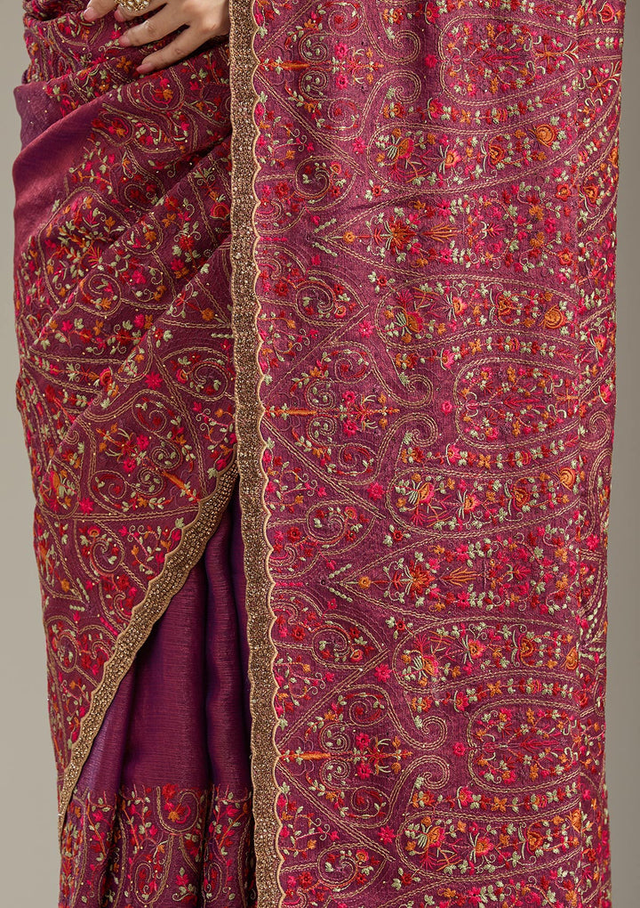 Wine Tissue Kashmiri Saree With Matching Blouse Piece