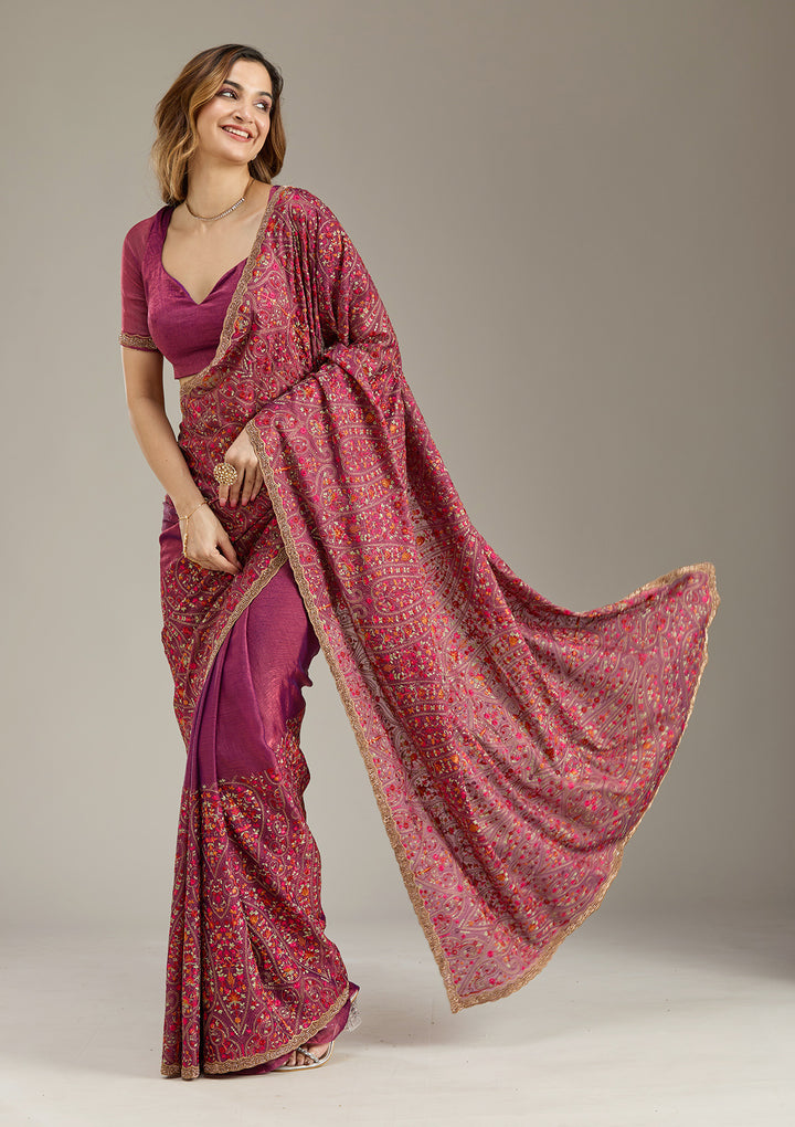 Wine Tissue Kashmiri Saree With Matching Blouse Piece