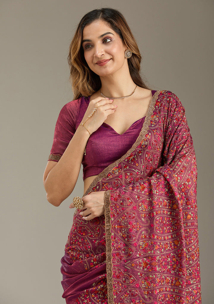 Wine Tissue Kashmiri Saree With Matching Blouse Piece