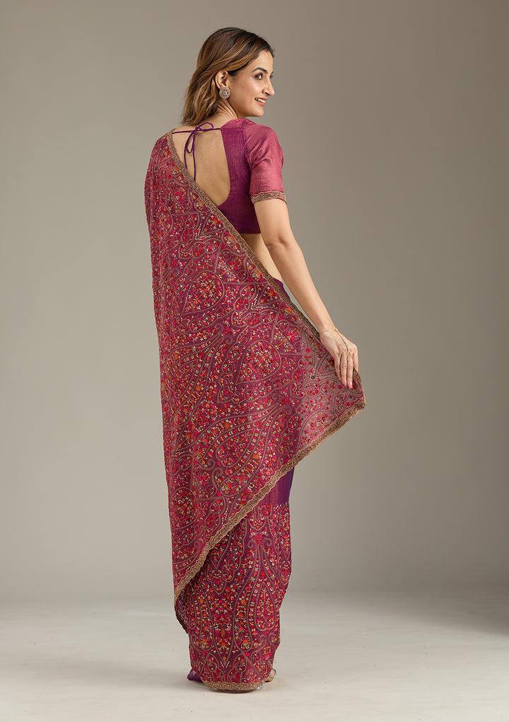 Wine Tissue Kashmiri Saree With Matching Blouse Piece