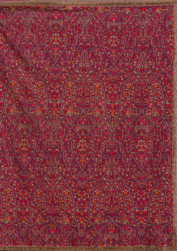 Wine Tissue Kashmiri Saree With Matching Blouse Piece