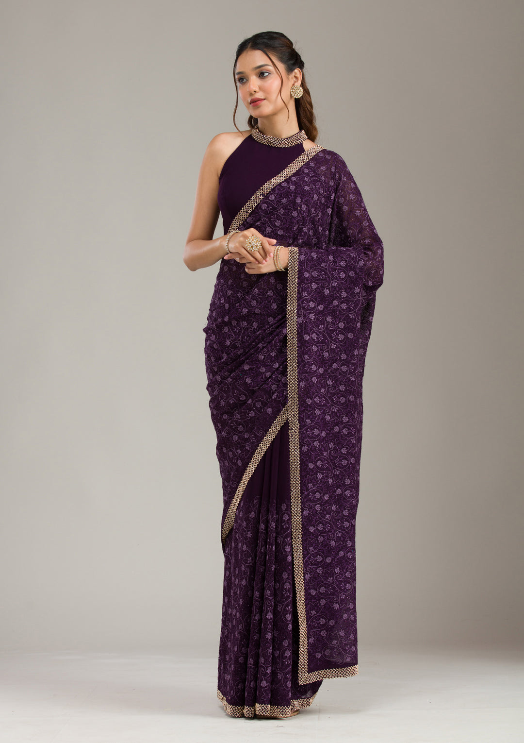 Purple Threadwork Georgette Saree