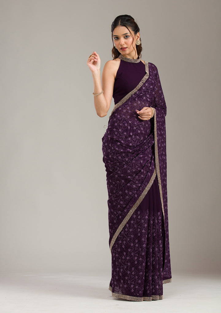 Purple Threadwork Georgette Saree