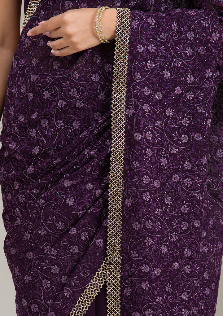 Purple Threadwork Georgette Saree