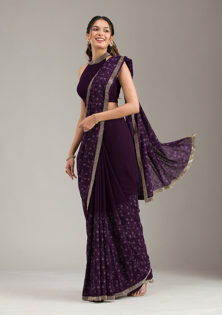 Purple Threadwork Georgette Saree