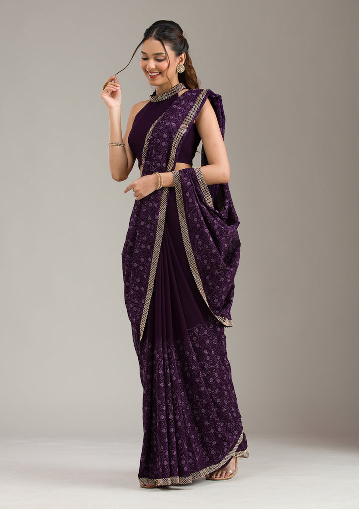 Purple Threadwork Georgette Saree