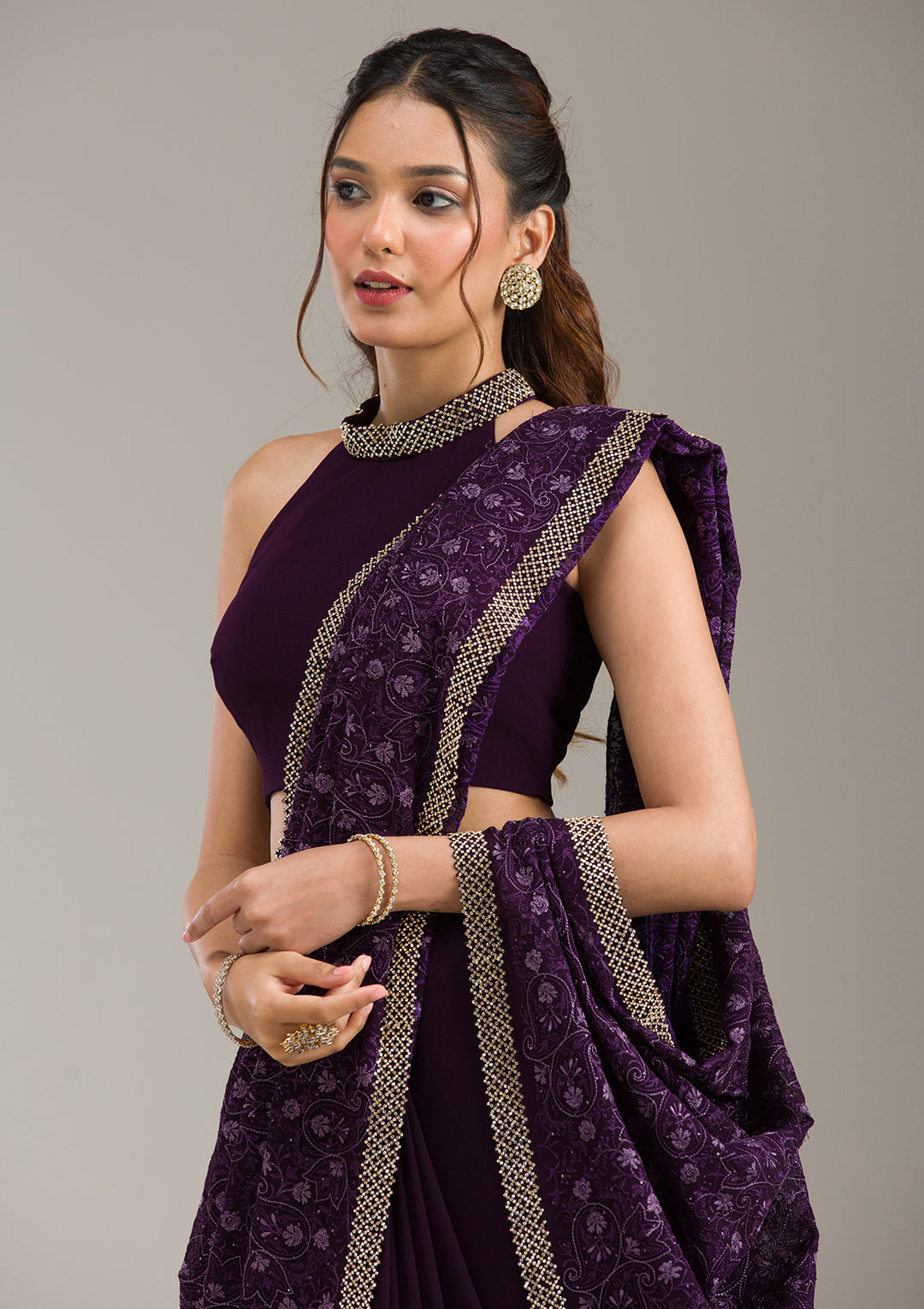 Purple Threadwork Georgette Saree