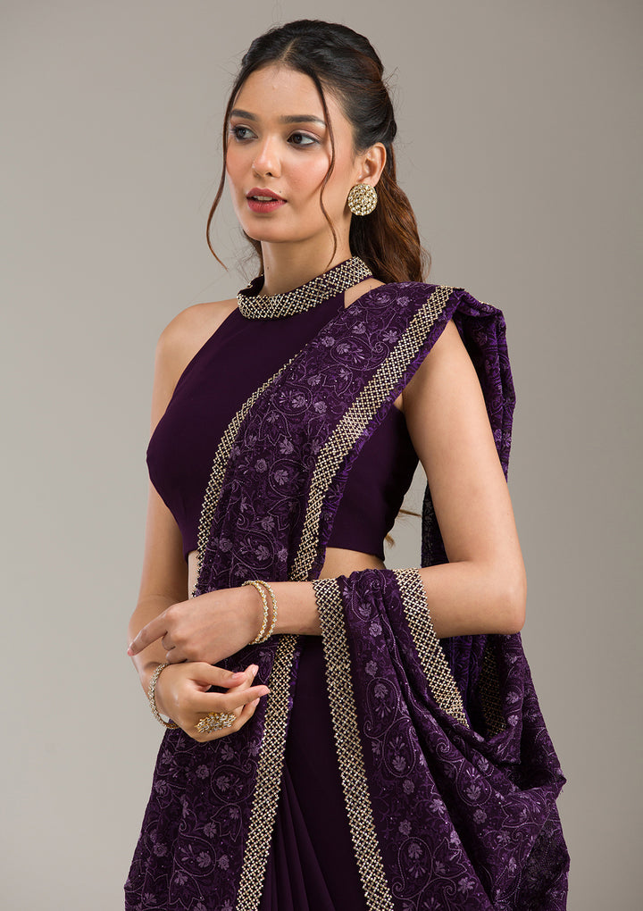 Purple Threadwork Georgette Saree