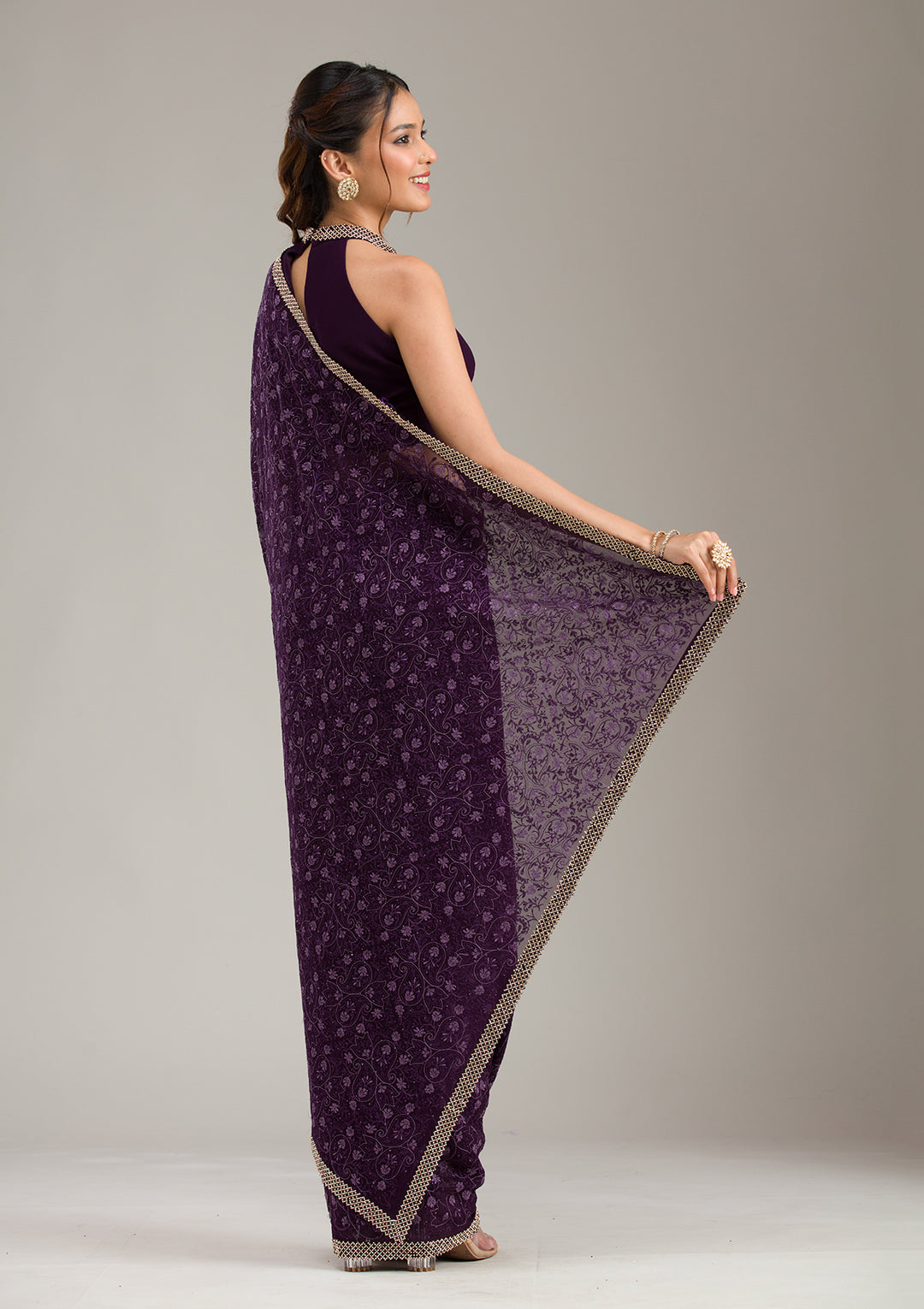 Purple Threadwork Georgette Saree