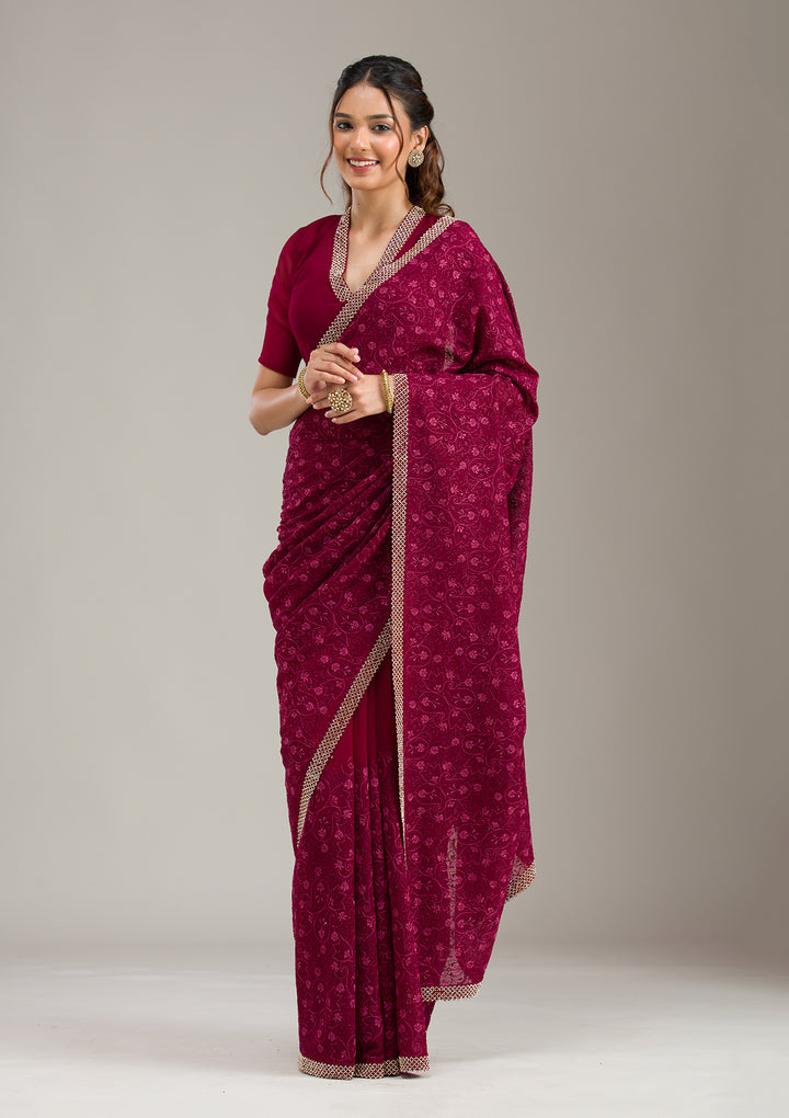 Wine Georgette Threadwork Saree With Matching Blouse Piece