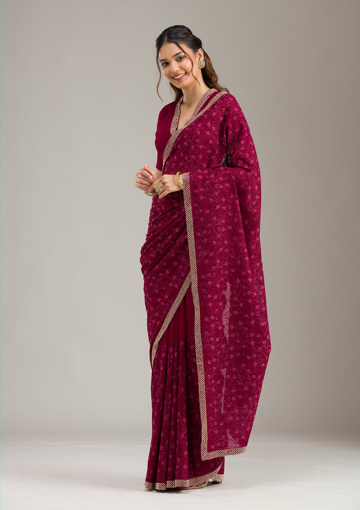 Wine Georgette Threadwork Saree With Matching Blouse Piece