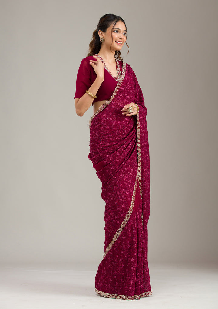 Wine Georgette Threadwork Saree With Matching Blouse Piece