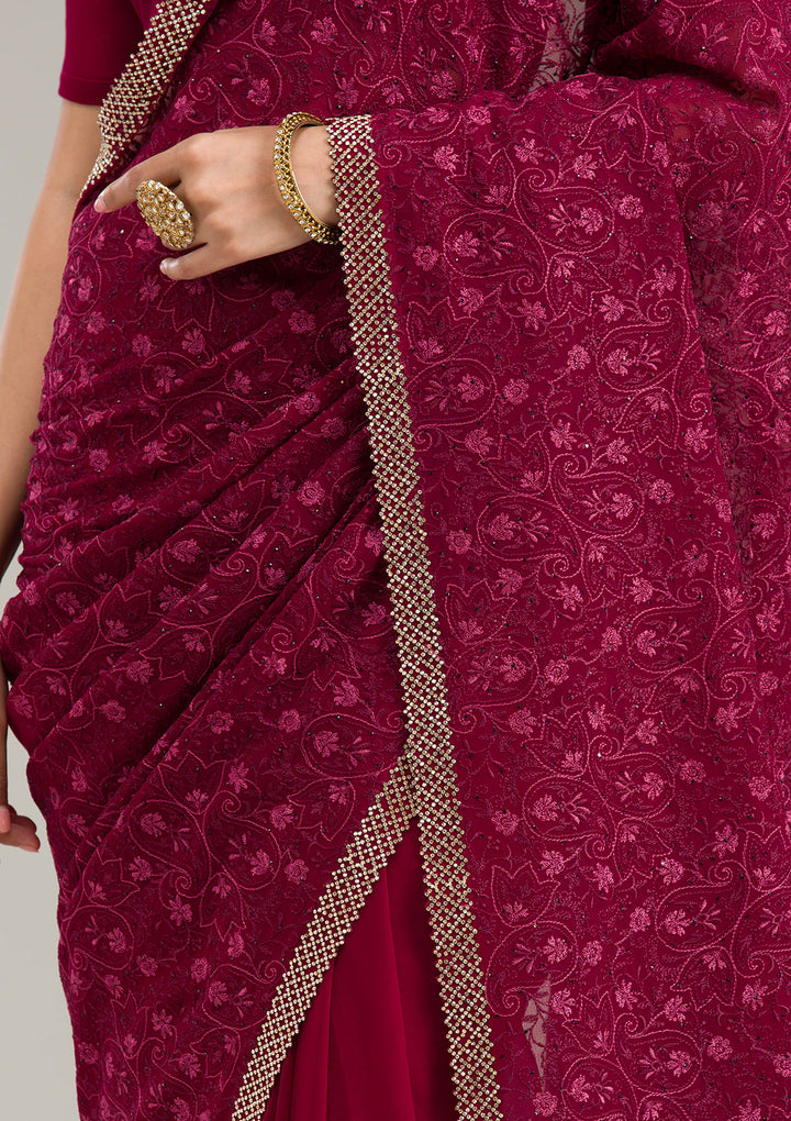 Wine Georgette Threadwork Saree With Matching Blouse Piece