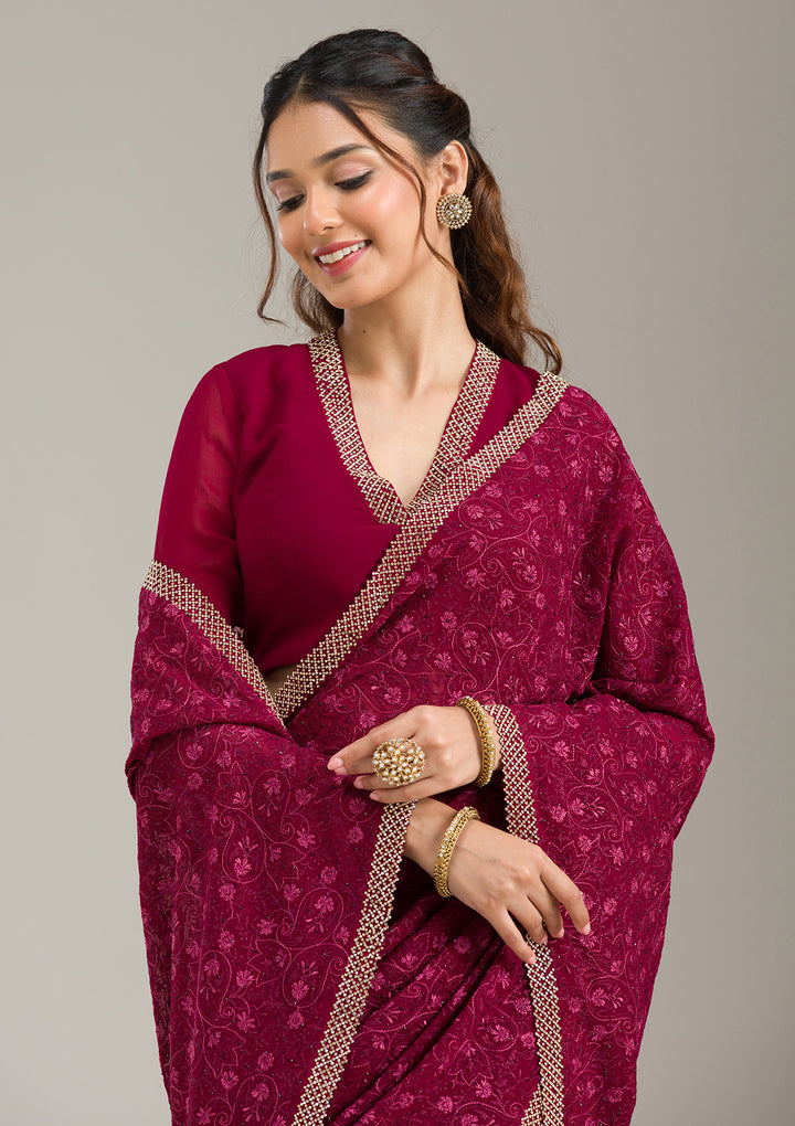 Wine Georgette Threadwork Saree With Matching Blouse Piece