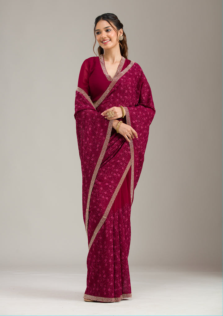 Wine Georgette Threadwork Saree With Matching Blouse Piece