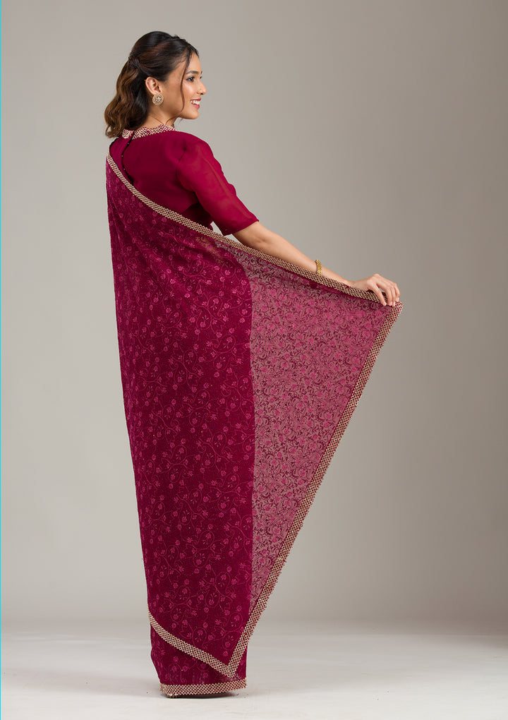 Wine Georgette Threadwork Saree With Matching Blouse Piece