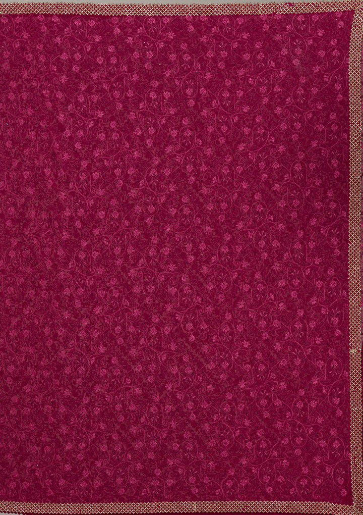 Wine Georgette Threadwork Saree With Matching Blouse Piece
