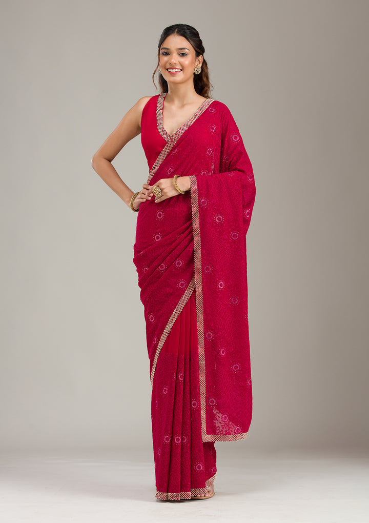 Rani Pink Georgette Threadwork Saree With Matching Blouse Piece