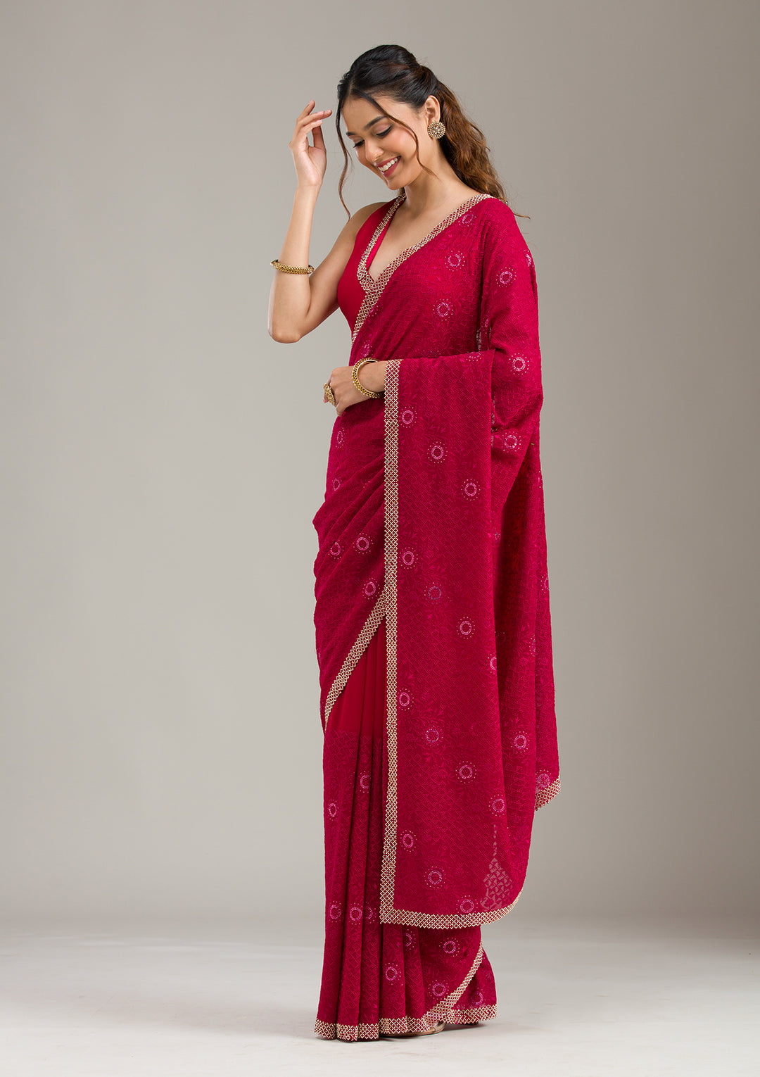 Rani Pink Georgette Threadwork Saree With Matching Blouse Piece