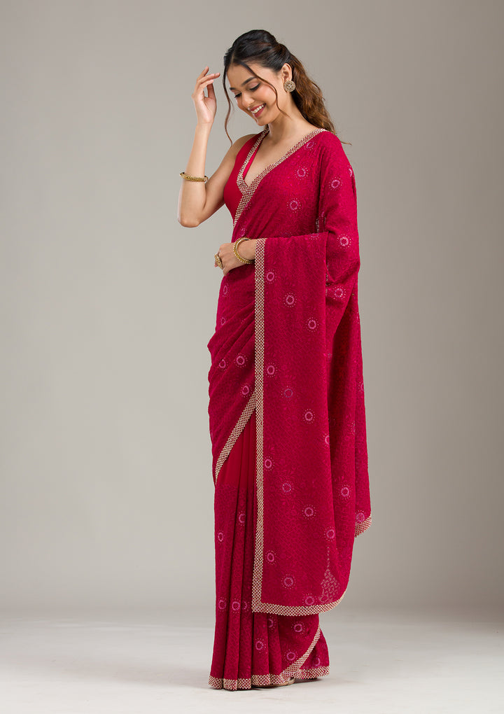 Rani Pink Georgette Threadwork Saree With Matching Blouse Piece
