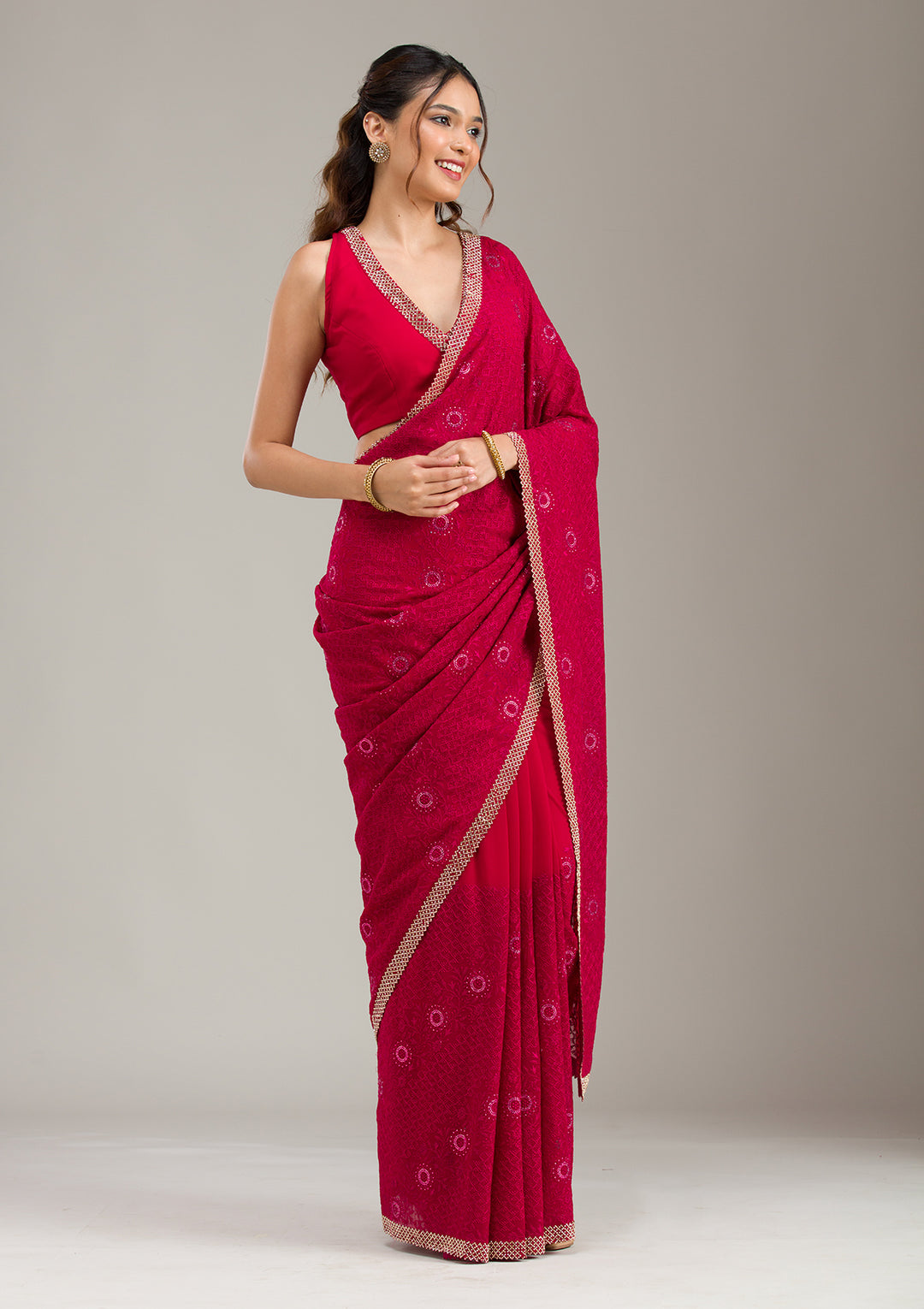 Rani Pink Georgette Threadwork Saree With Matching Blouse Piece