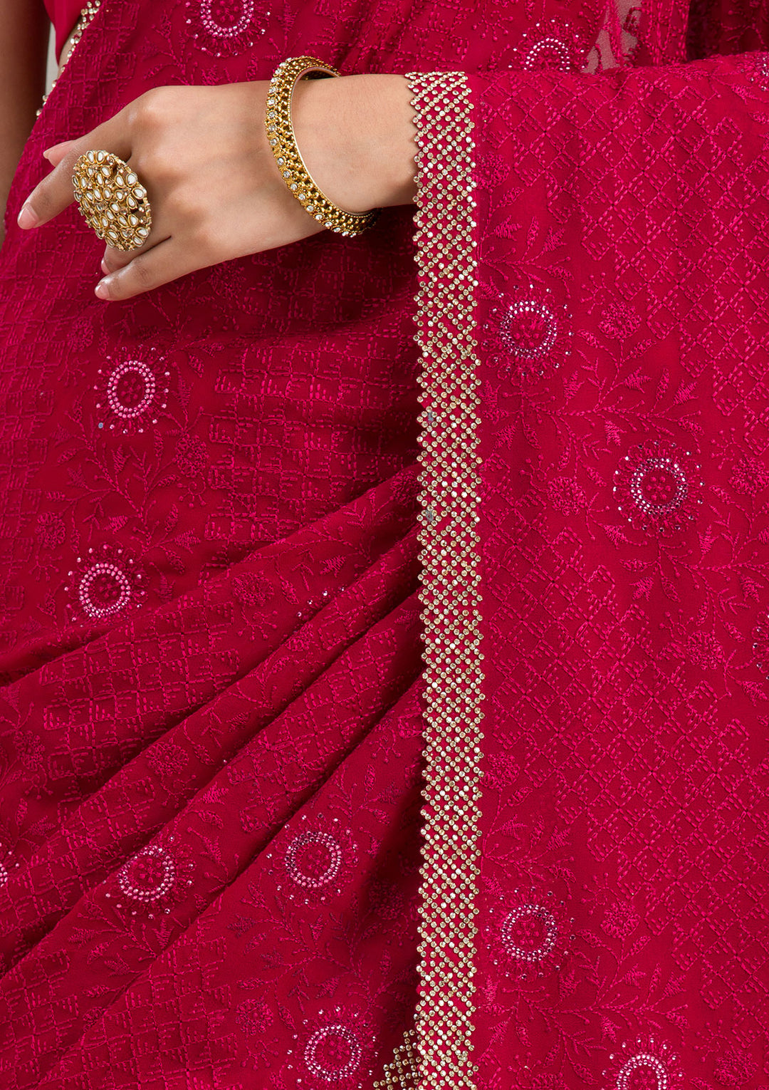 Rani Pink Georgette Threadwork Saree With Matching Blouse Piece