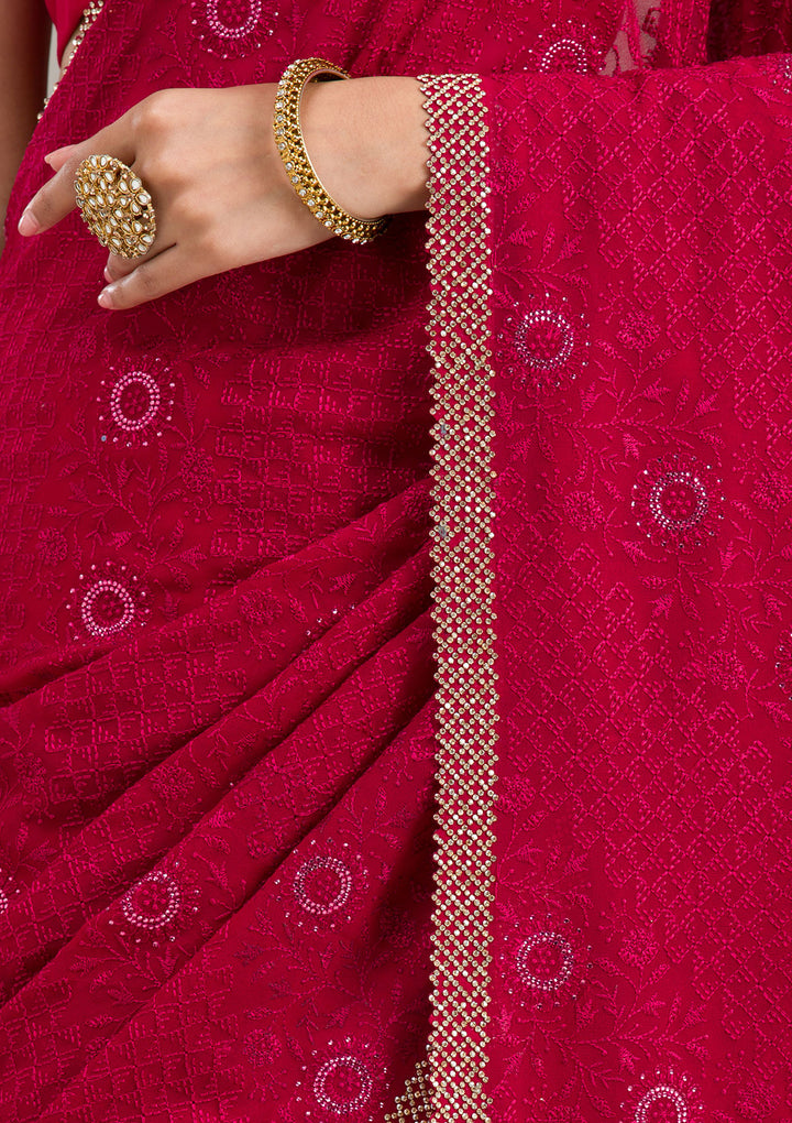 Rani Pink Georgette Threadwork Saree With Matching Blouse Piece