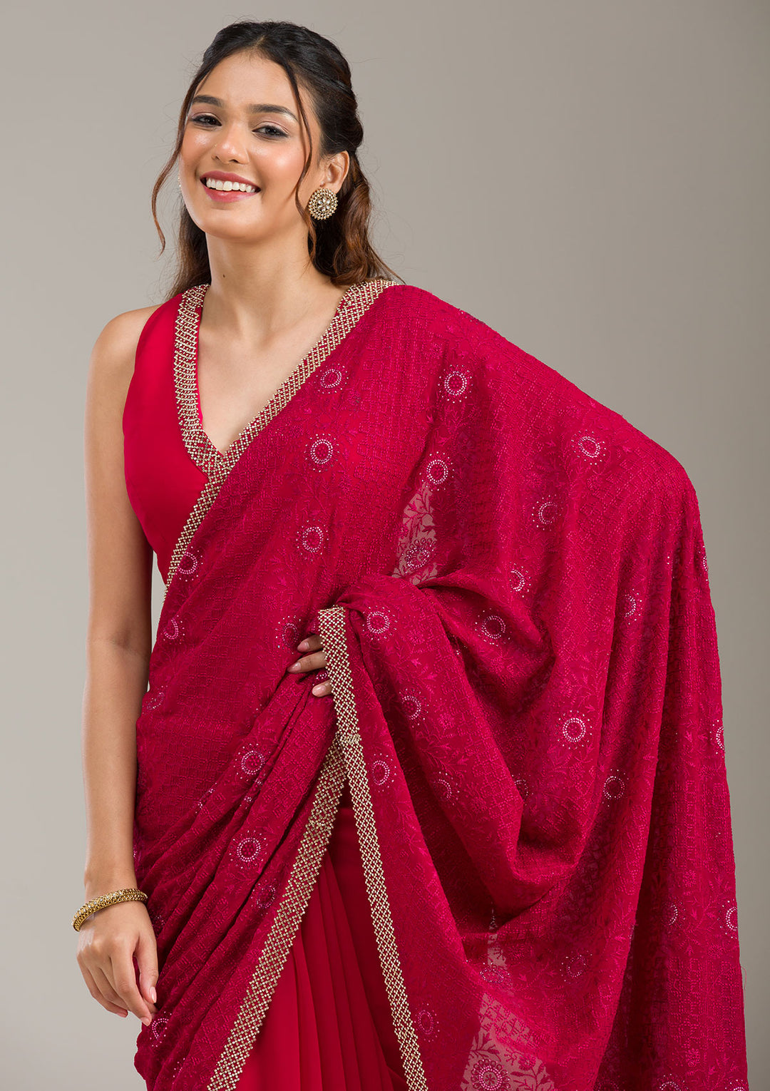 Rani Pink Georgette Threadwork Saree With Matching Blouse Piece