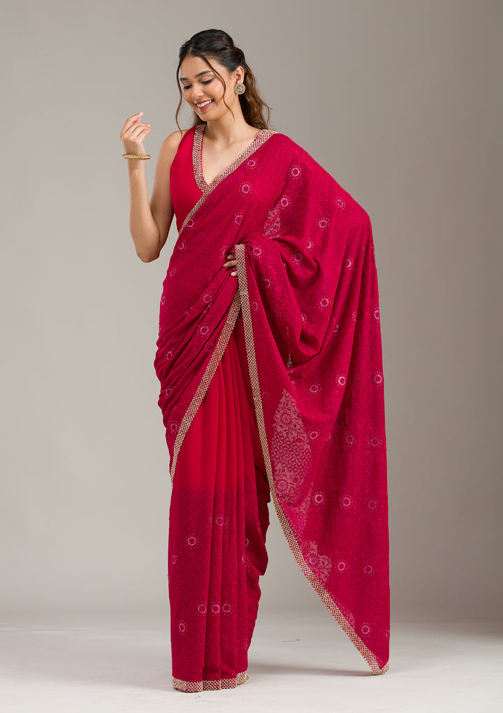 Rani Pink Georgette Threadwork Saree With Matching Blouse Piece