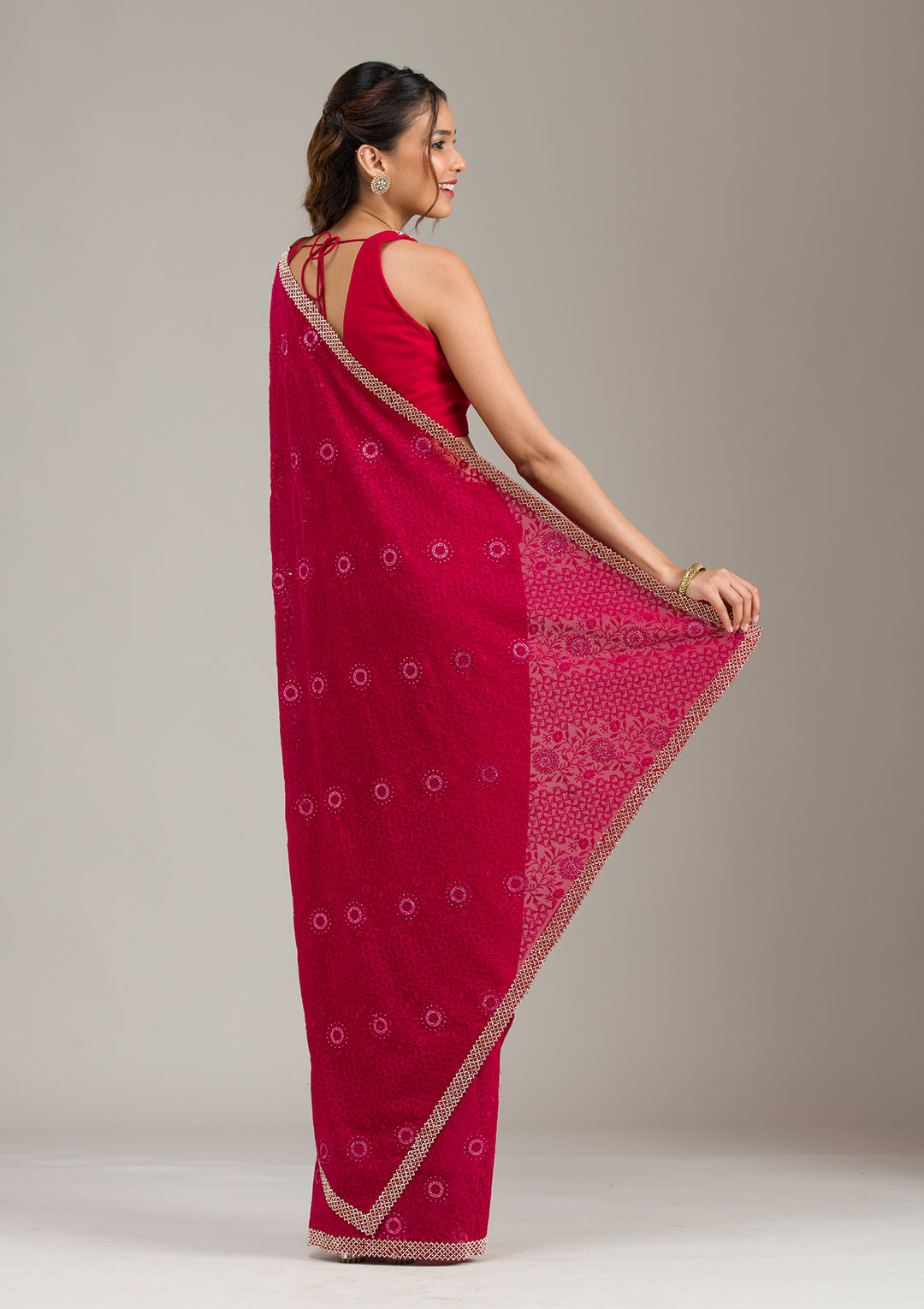 Rani Pink Georgette Threadwork Saree With Matching Blouse Piece