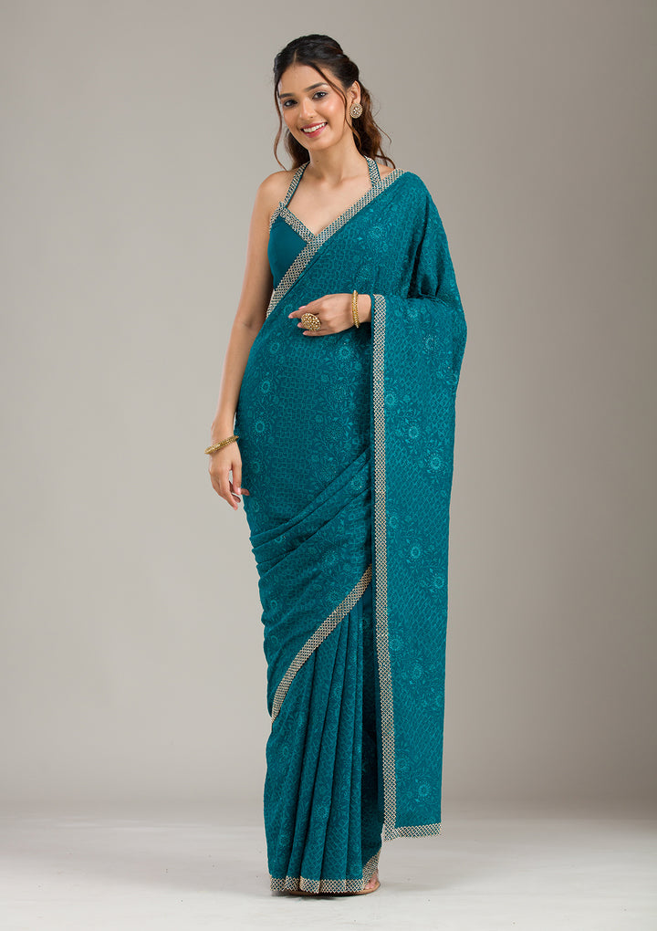 Teal Green Georgette Threadwork Saree With Matching Blouse Piece