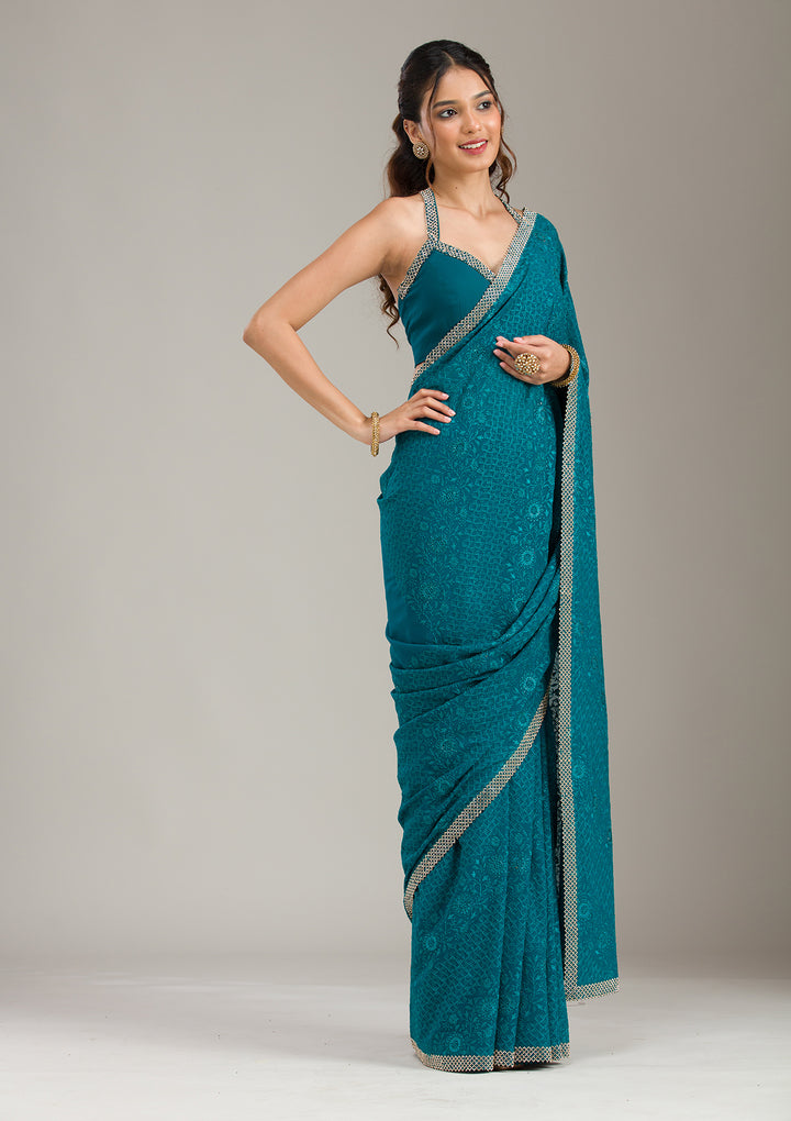 Teal Green Georgette Threadwork Saree With Matching Blouse Piece