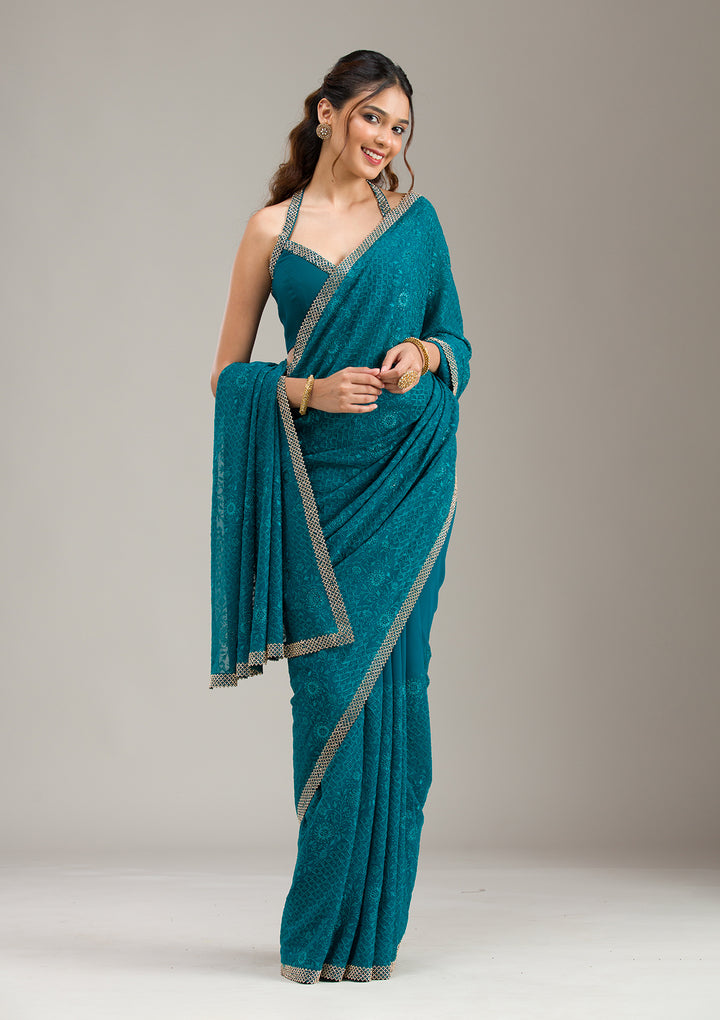 Teal Green Georgette Threadwork Saree With Matching Blouse Piece