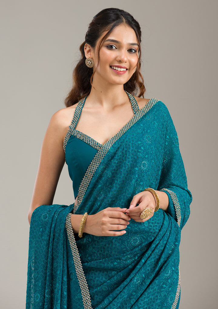 Teal Green Georgette Threadwork Saree With Matching Blouse Piece
