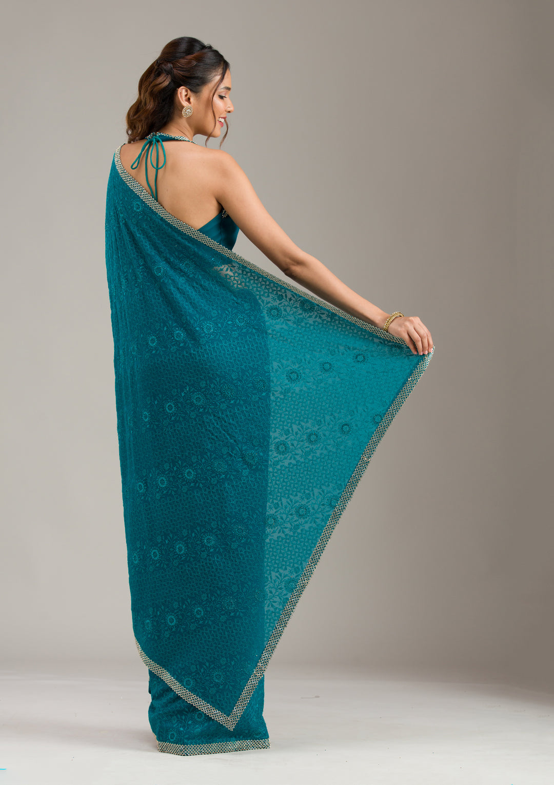Teal Green Georgette Threadwork Saree With Matching Blouse Piece