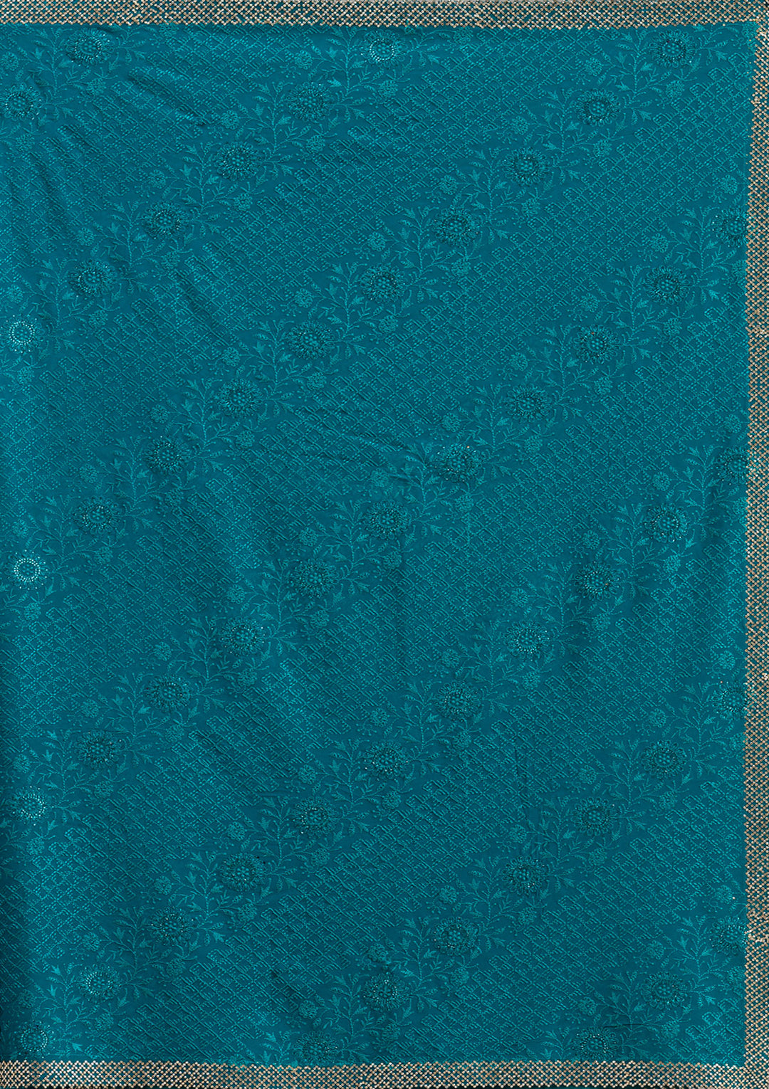 Teal Green Georgette Threadwork Saree With Matching Blouse Piece