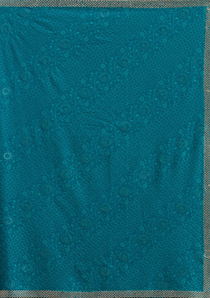 Teal Green Georgette Threadwork Saree With Matching Blouse Piece