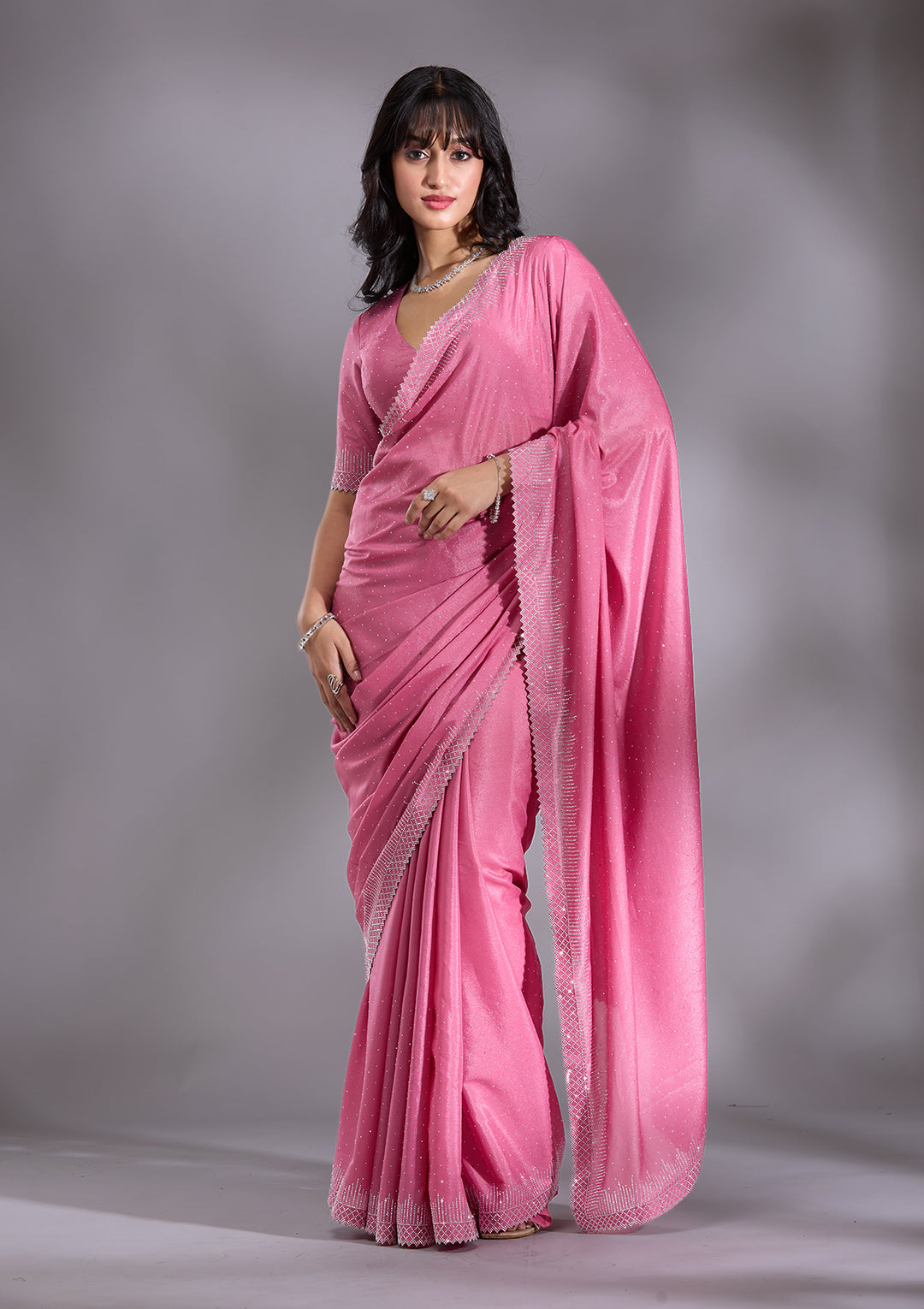 Pink Satin Silver Stonework Saree With Matching Blouse Piece