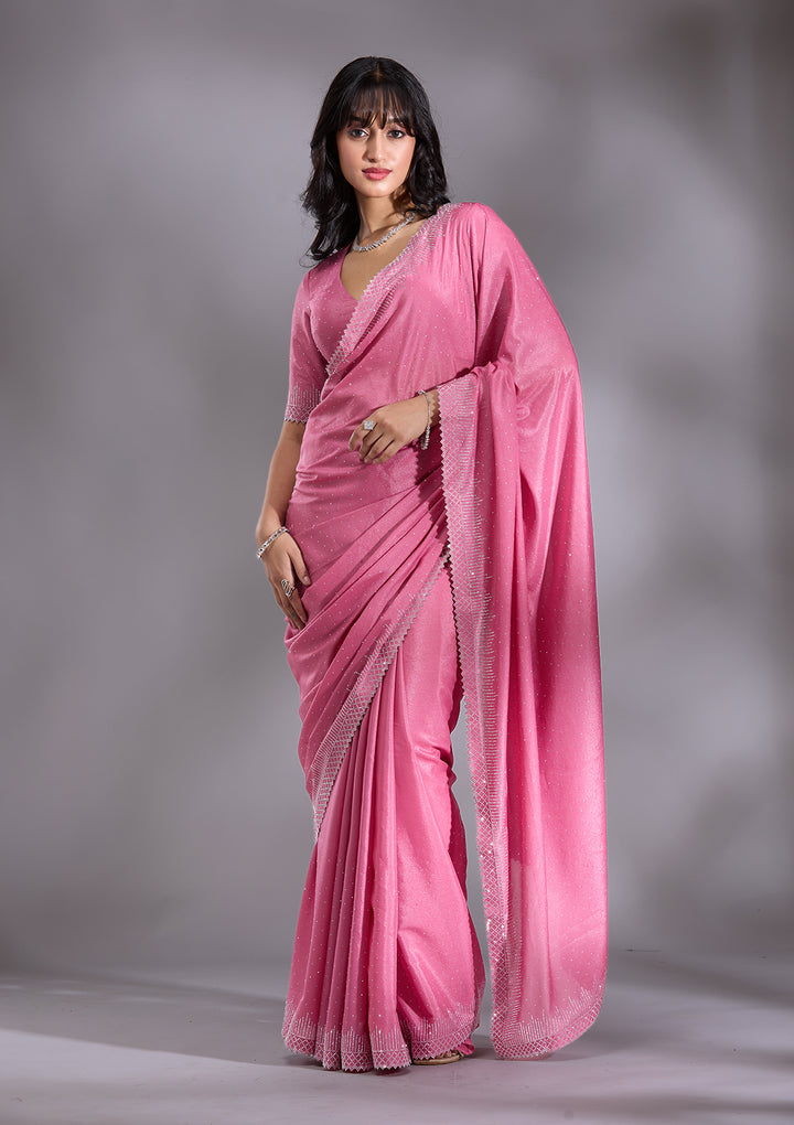 Pink Satin Silver Stonework Saree With Matching Blouse Piece