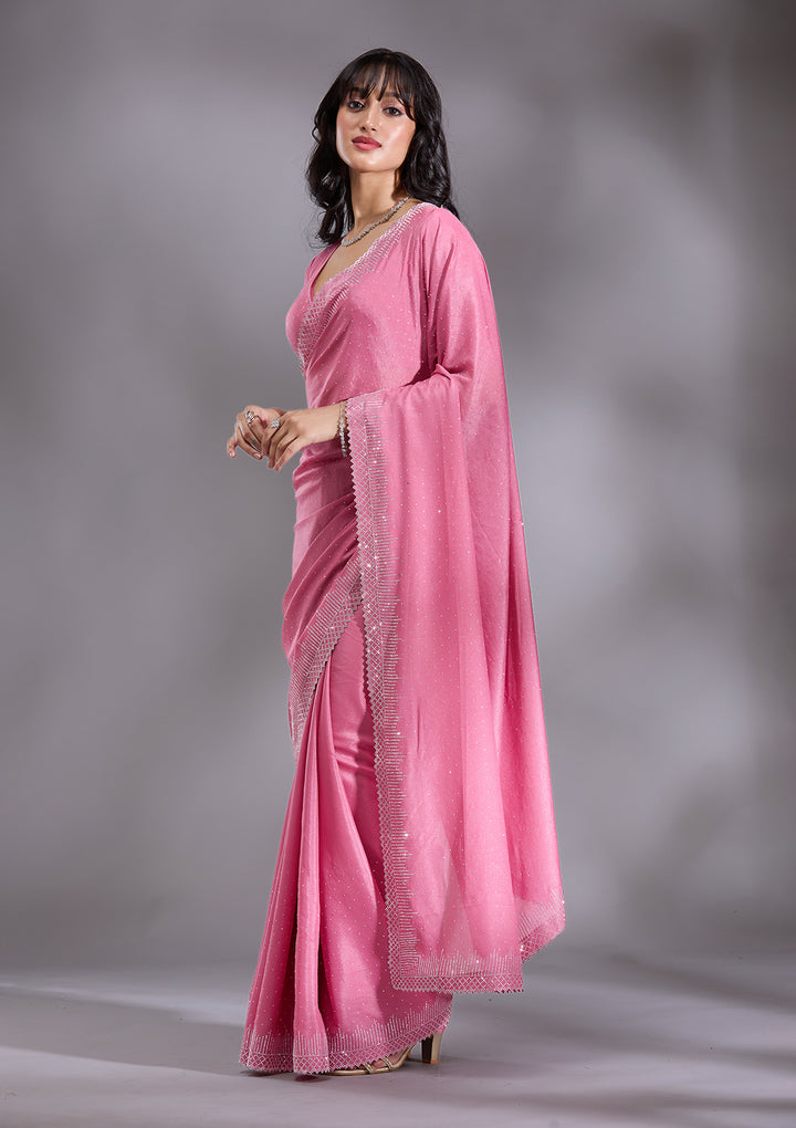 Pink Satin Silver Stonework Saree With Matching Blouse Piece