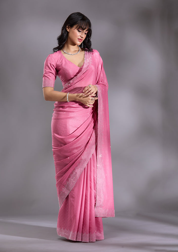 Pink Satin Silver Stonework Saree With Matching Blouse Piece