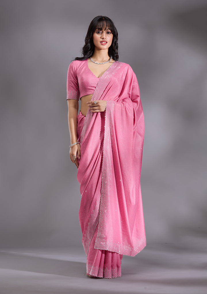 Pink Satin Silver Stonework Saree With Matching Blouse Piece