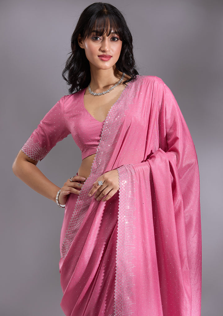 Pink Satin Silver Stonework Saree With Matching Blouse Piece