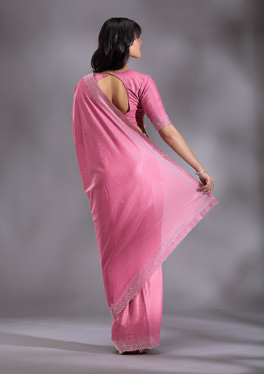 Pink Satin Silver Stonework Saree With Matching Blouse Piece
