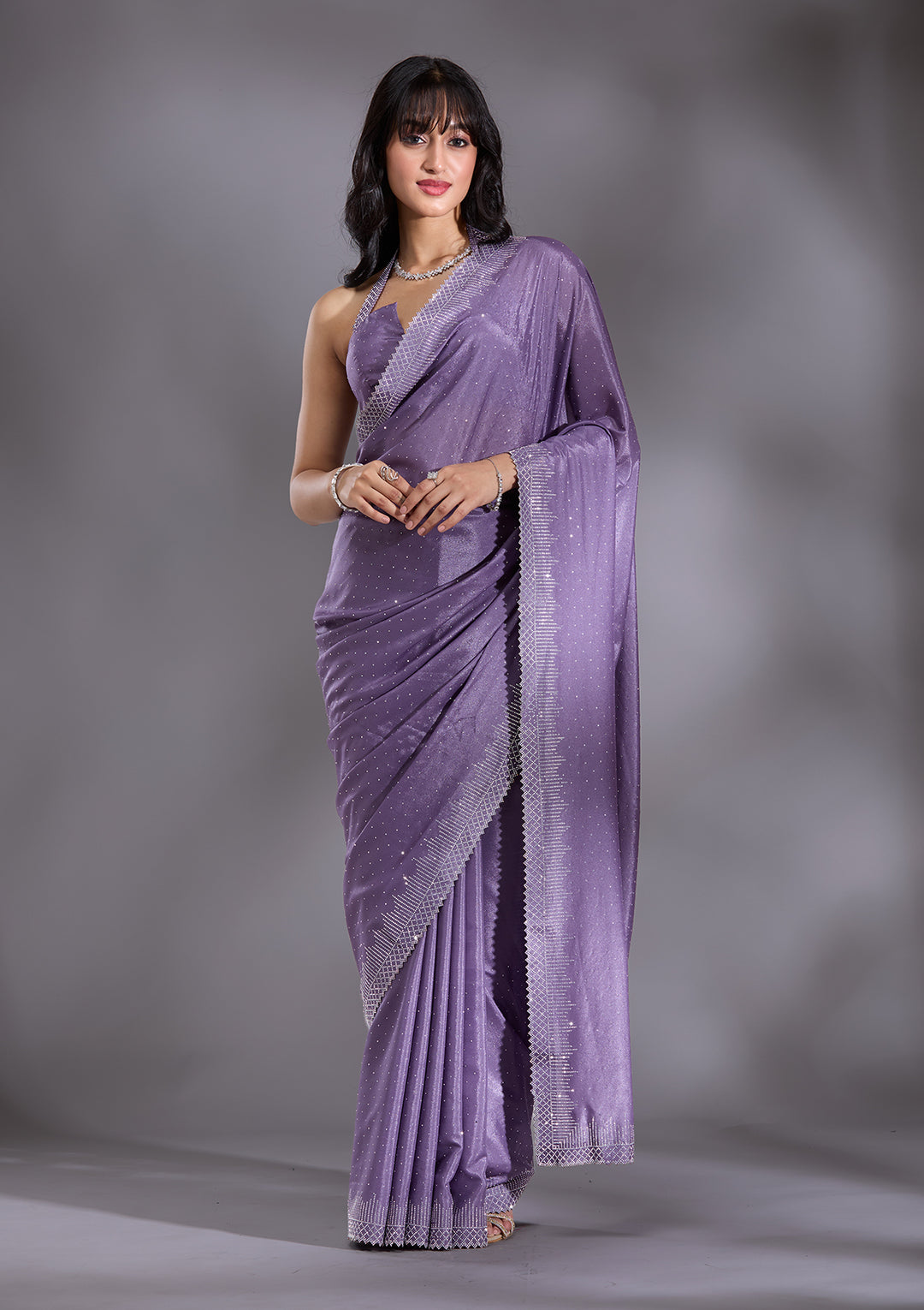 Violet Silver Stonework Satin Saree