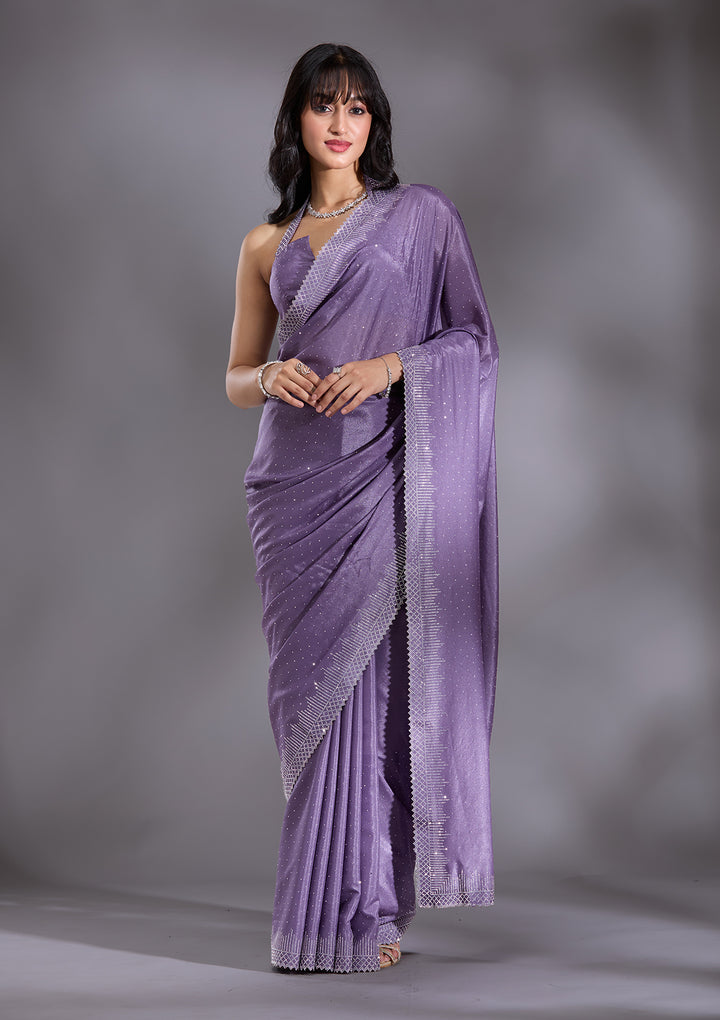 Violet Silver Stonework Satin Saree
