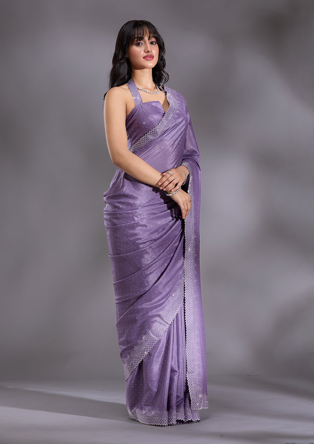 Violet Silver Stonework Satin Saree