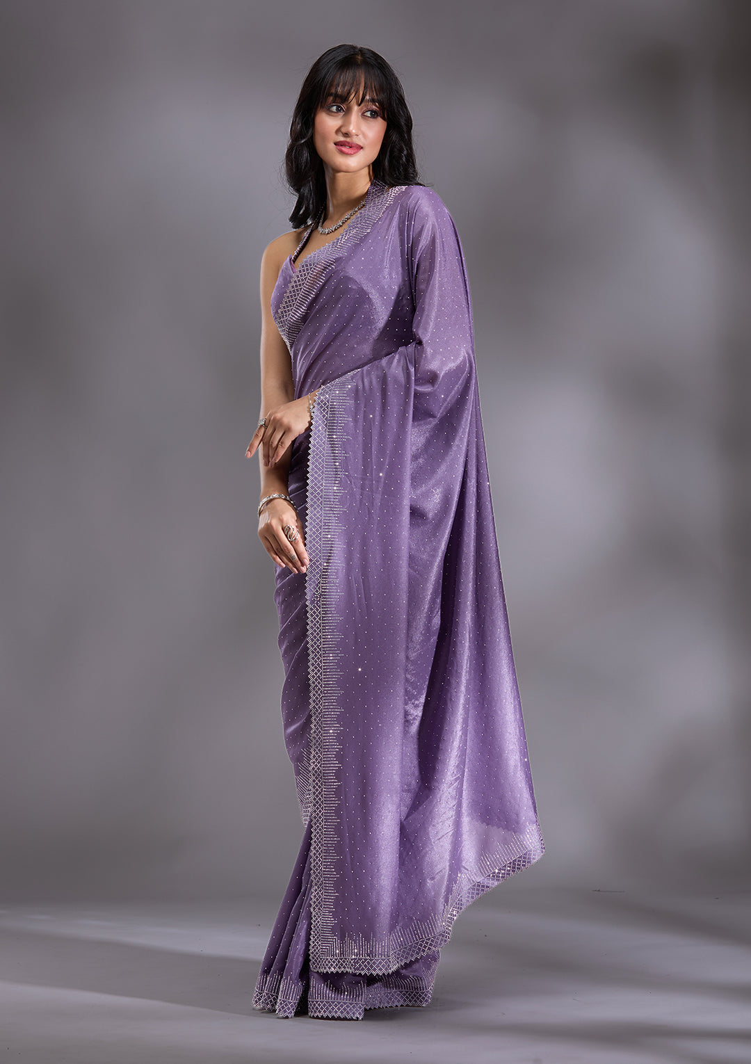 Violet Silver Stonework Satin Saree
