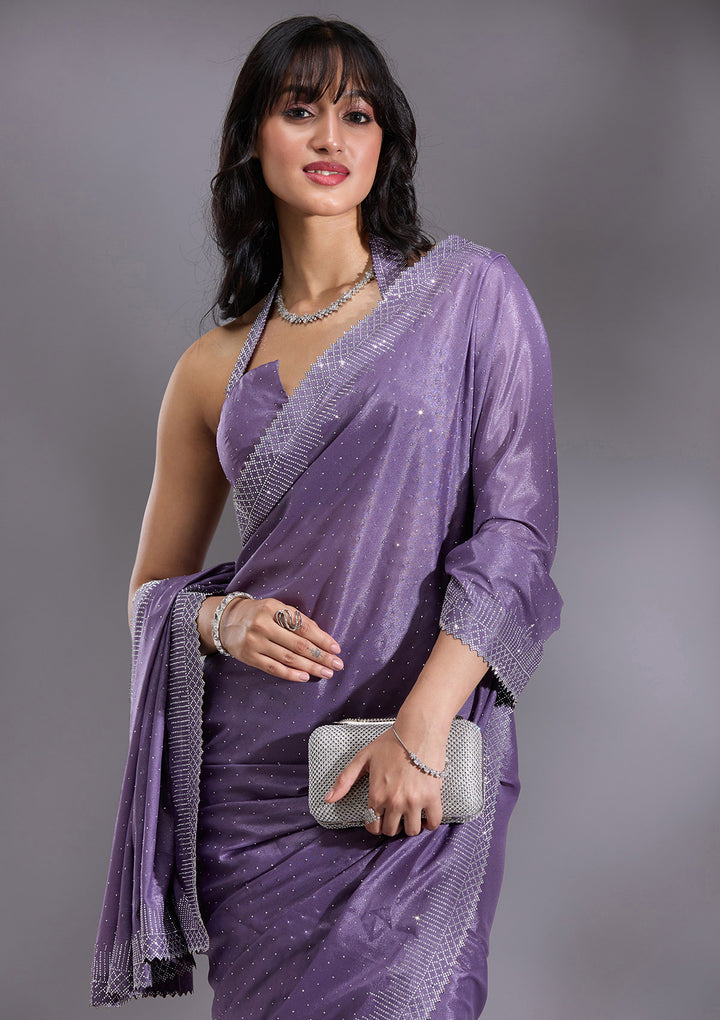 Violet Silver Stonework Satin Saree